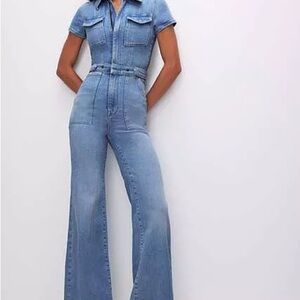 Good American Classic Light Wash Denim Utility Jumpsuit